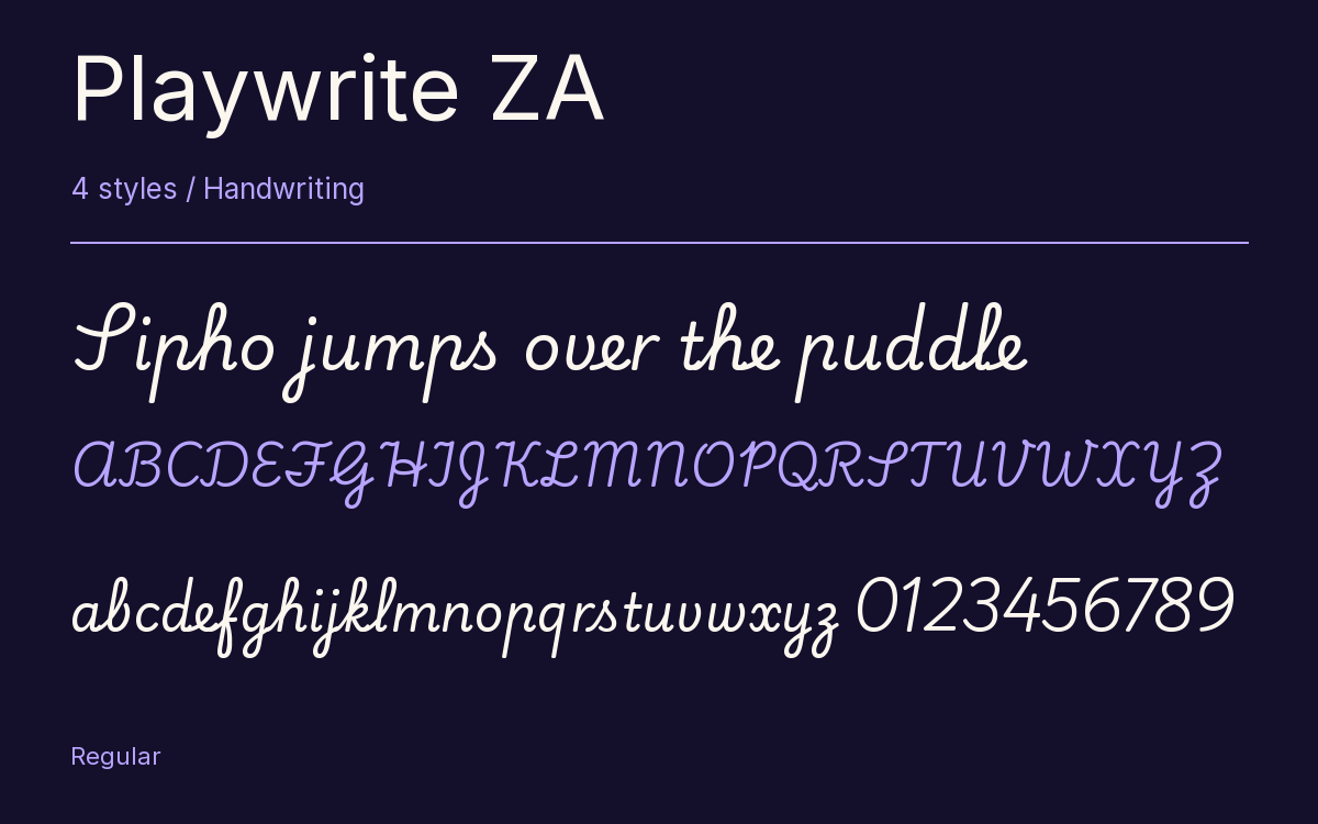 Playwrite ZA type specimen with letters and figures