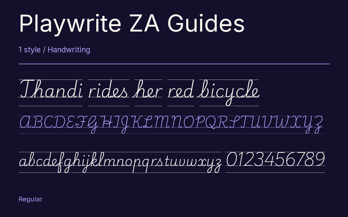 Playwrite ZA Guides type specimen with letters and figures