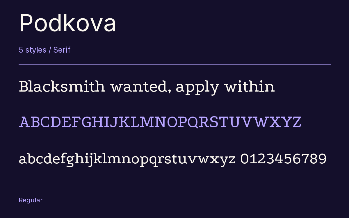 Podkova type specimen with letters and figures