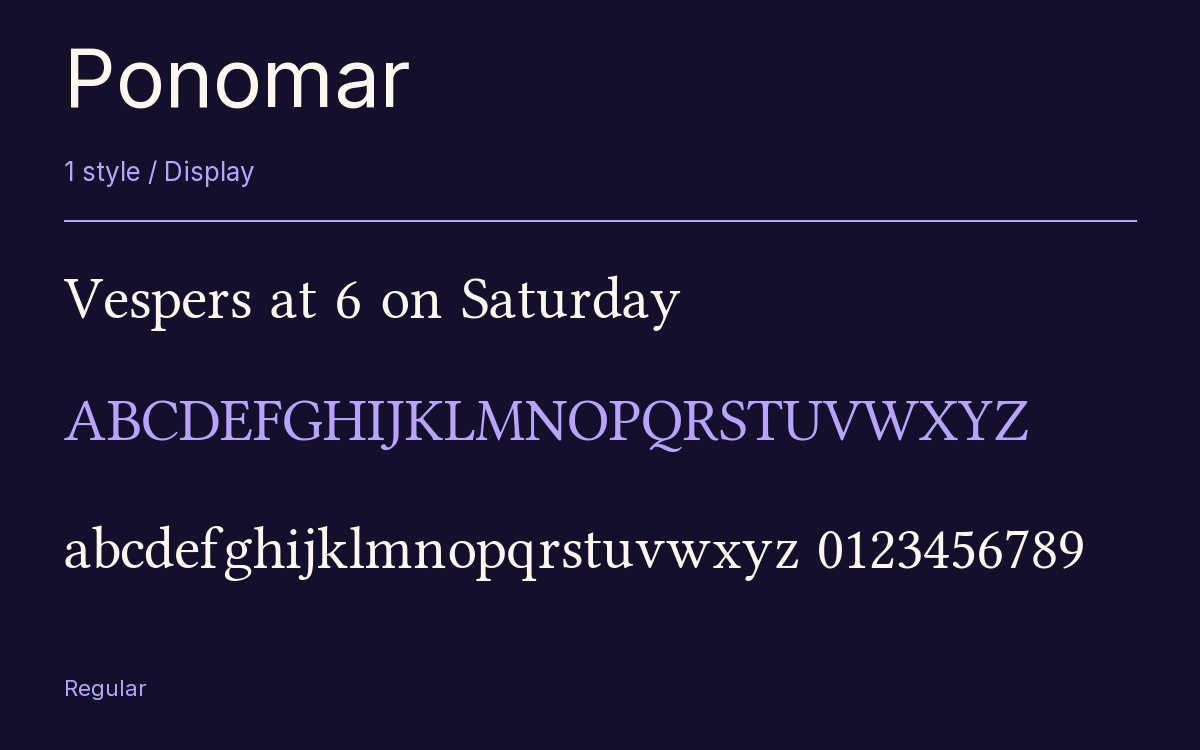 Ponomar type specimen with letters and figures