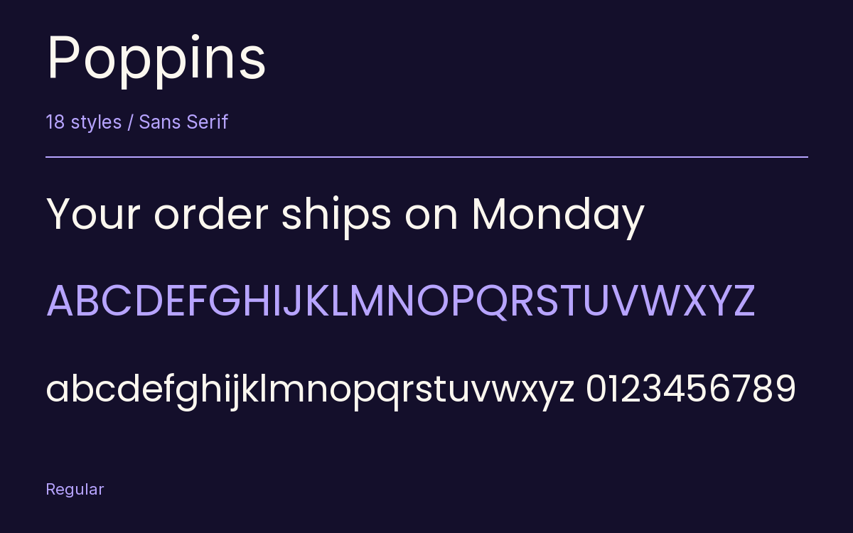 Poppins type specimen with letters and figures