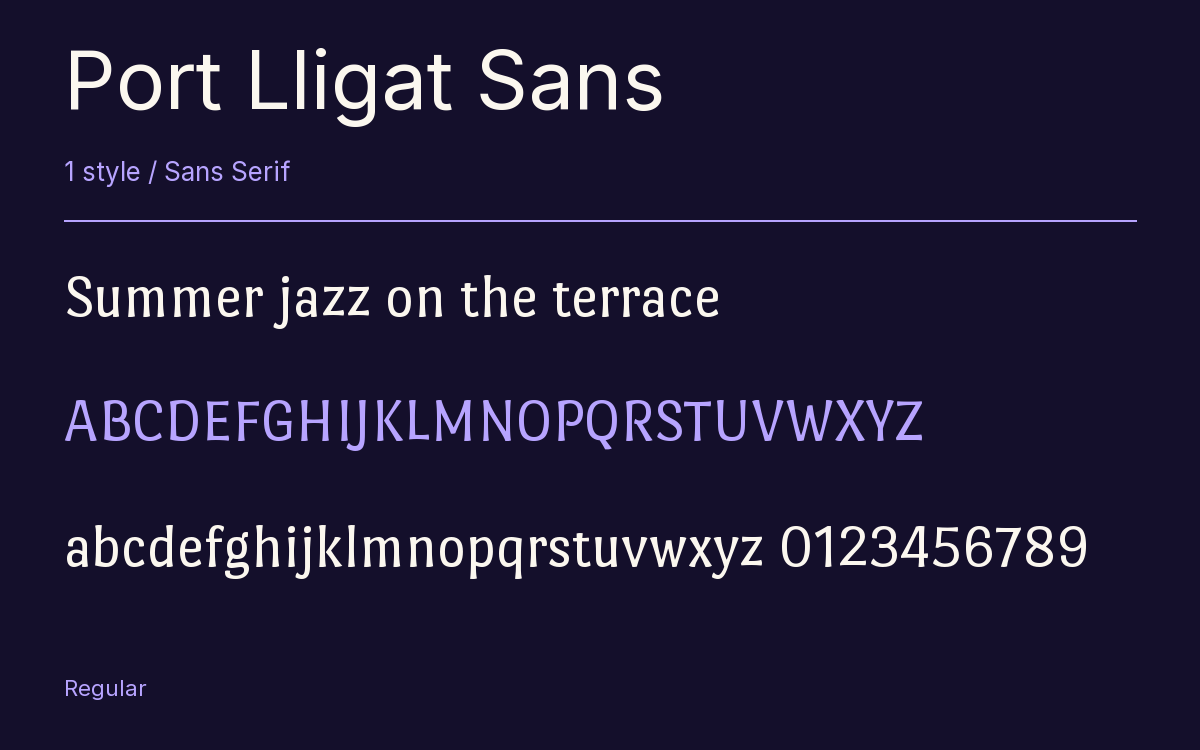 Port Lligat Sans type specimen with letters and figures