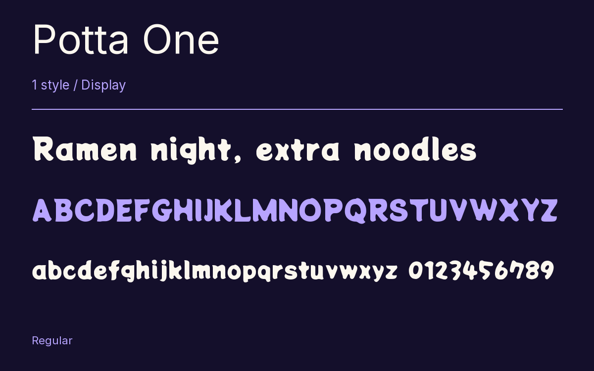 Potta One type specimen with letters and figures