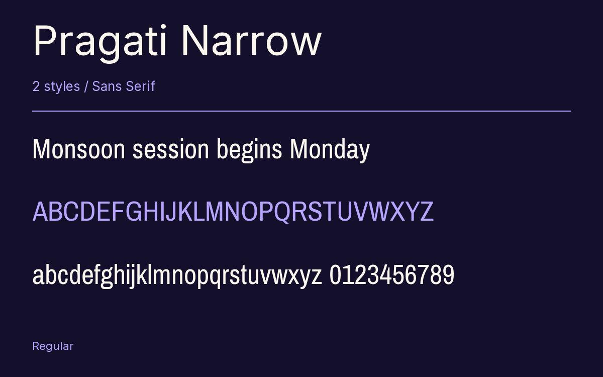 Pragati Narrow type specimen with letters and figures