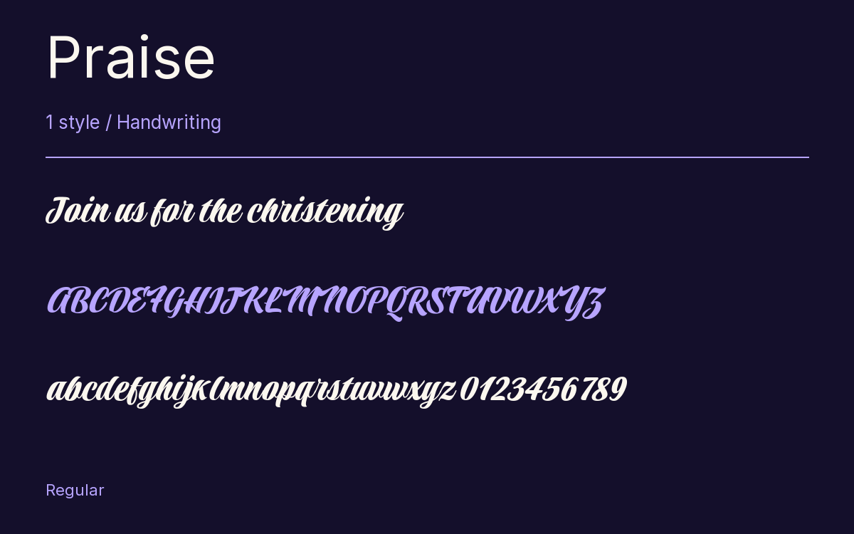 Praise type specimen with letters and figures