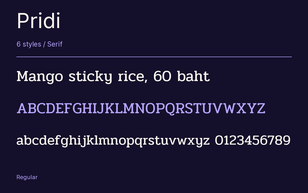 Pridi type specimen with letters and figures