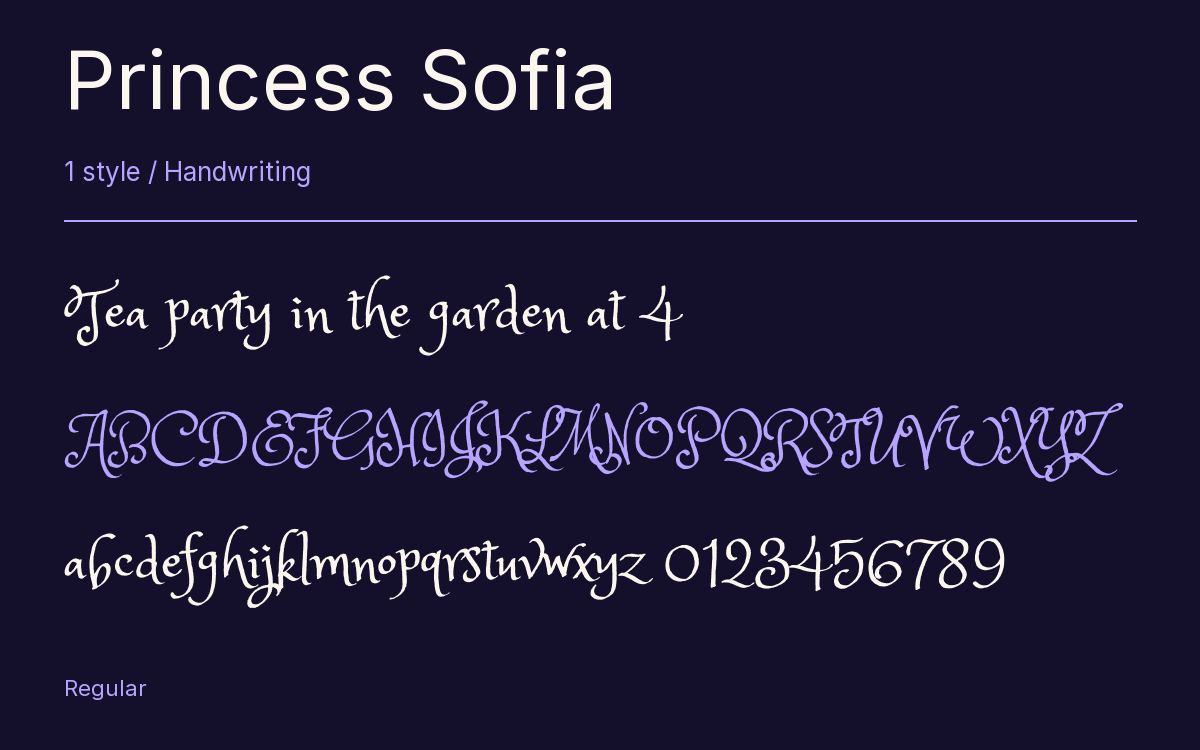 Princess Sofia type specimen with letters and figures