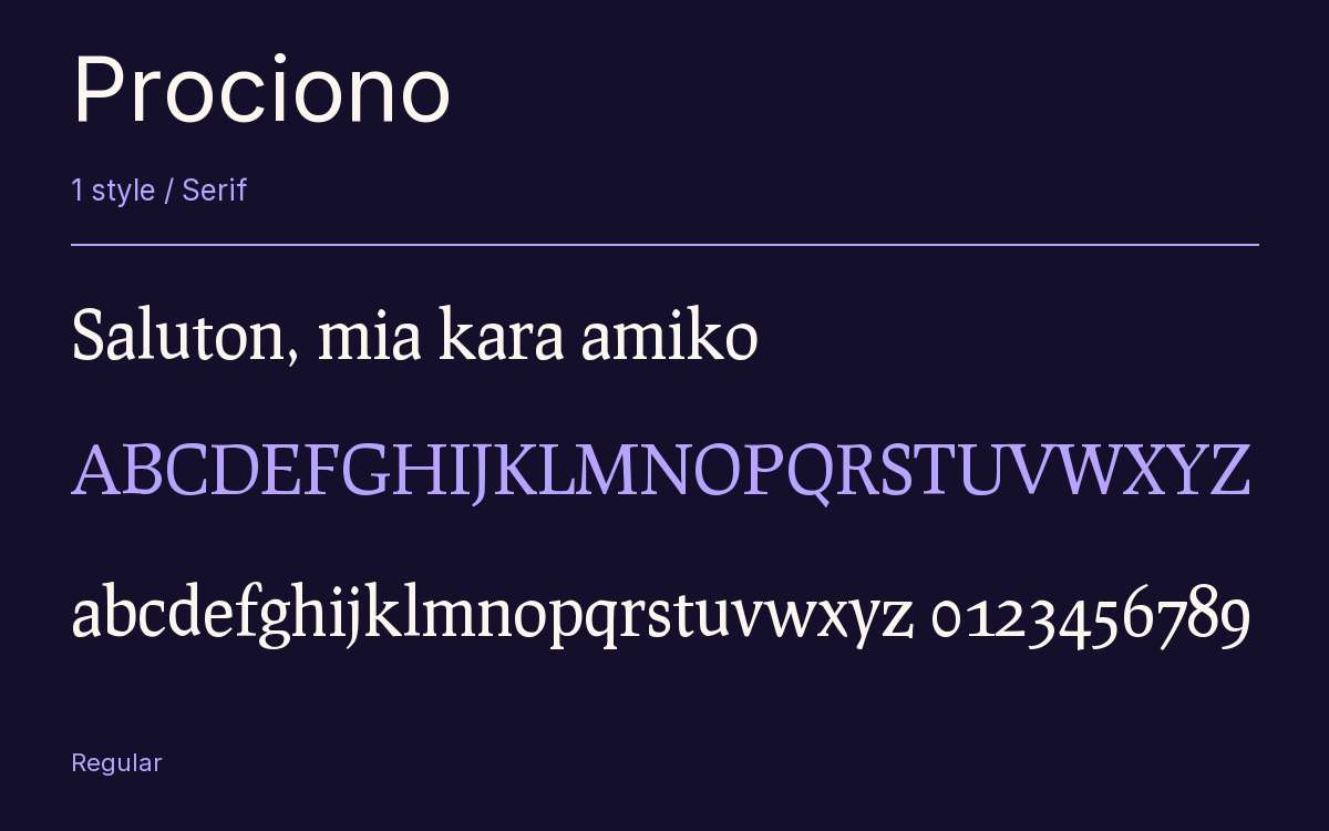 Prociono type specimen with letters and figures