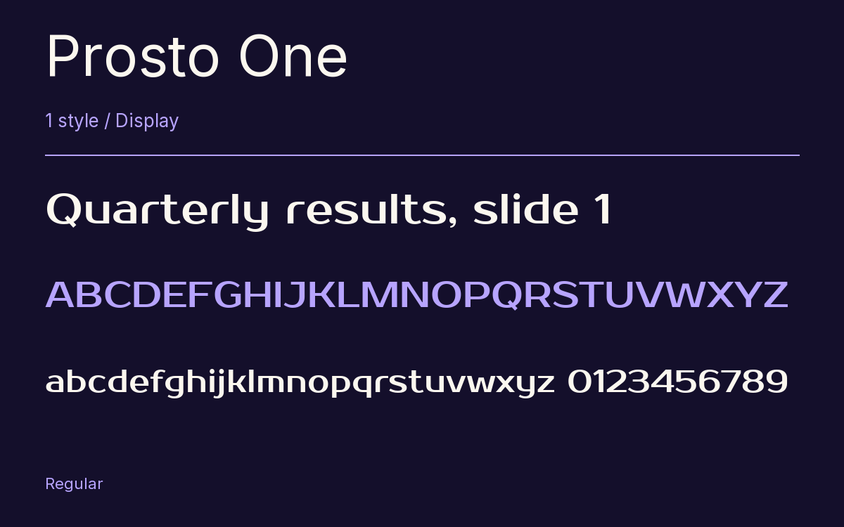 Prosto One type specimen with letters and figures