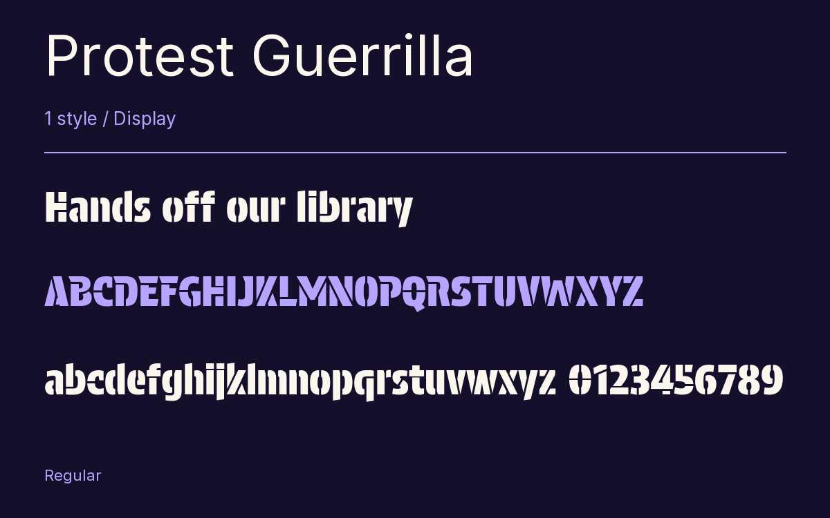 Protest Guerrilla type specimen with letters and figures