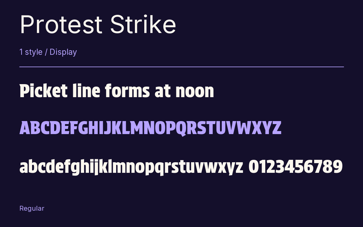 Protest Strike type specimen with letters and figures