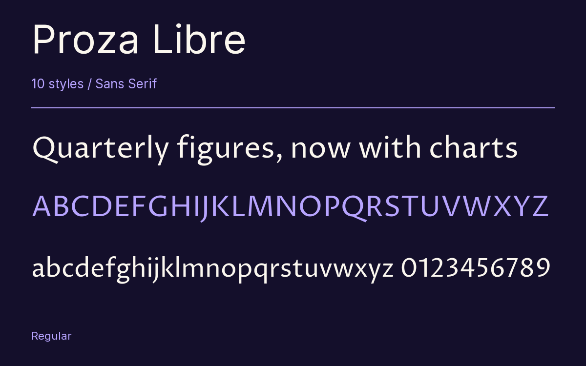 Proza Libre type specimen with letters and figures