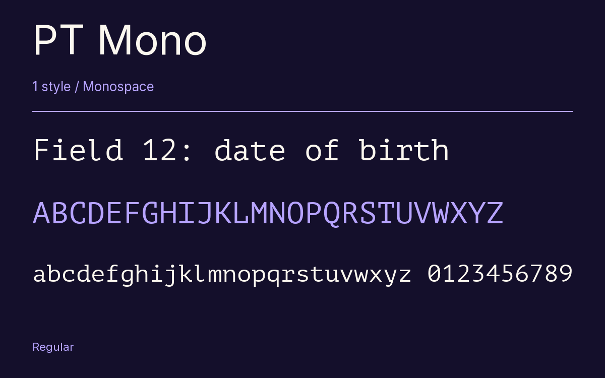 PT Mono type specimen with letters and figures