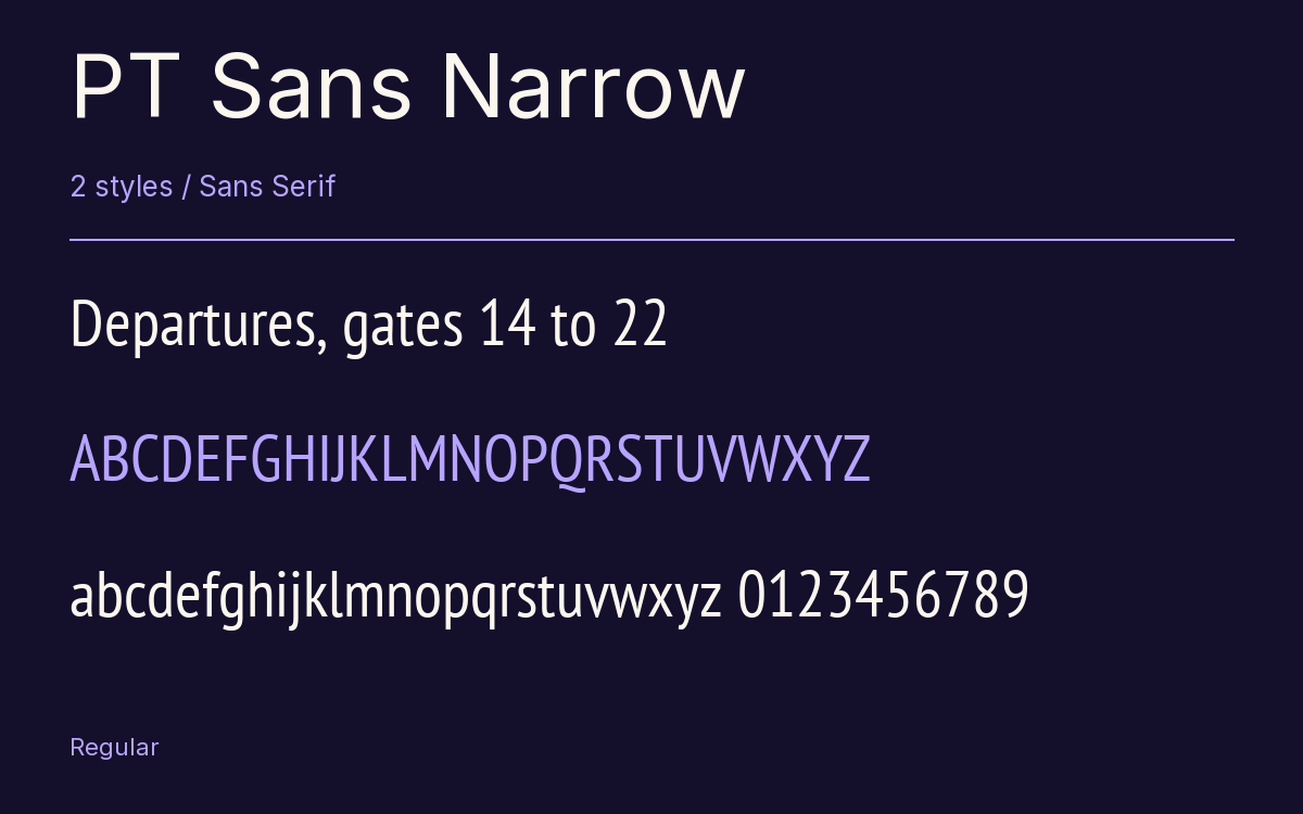 PT Sans Narrow type specimen with letters and figures