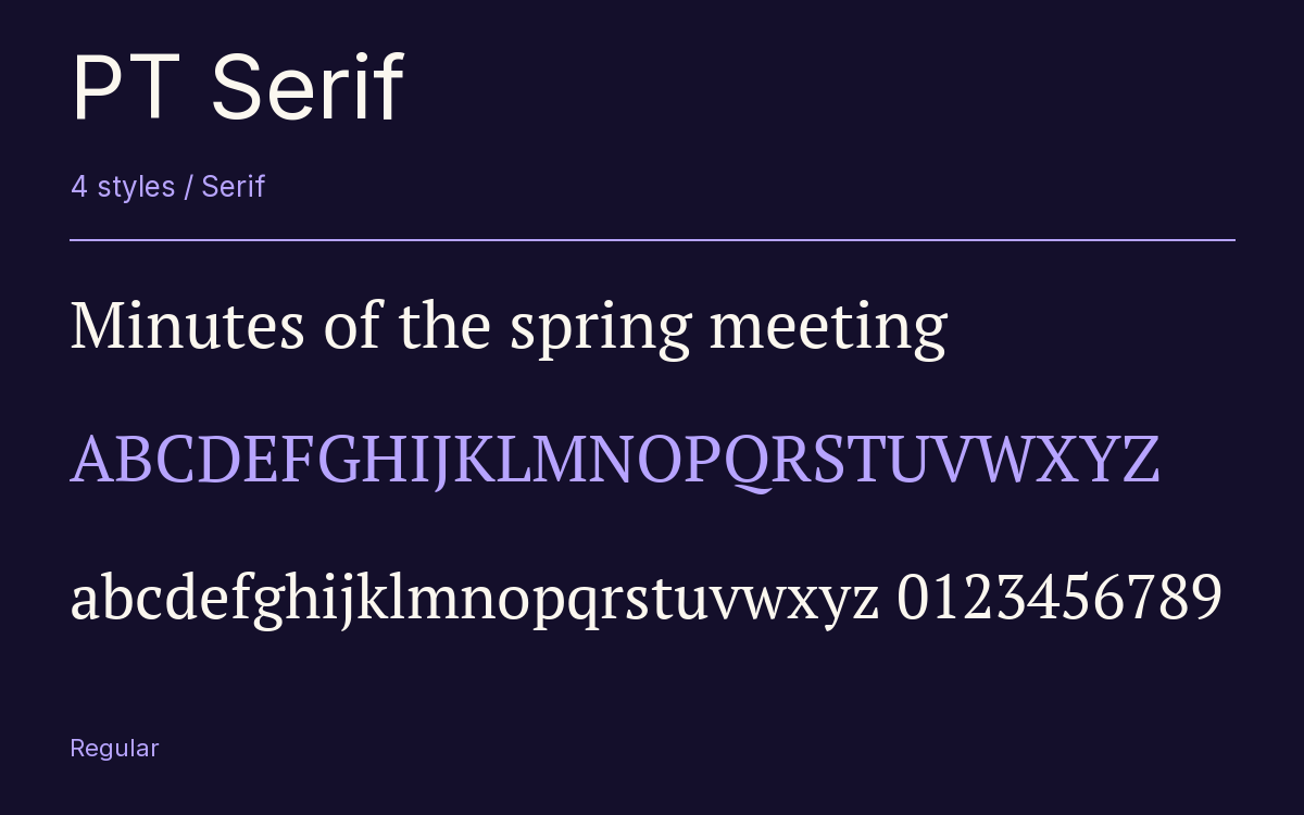 PT Serif type specimen with letters and figures
