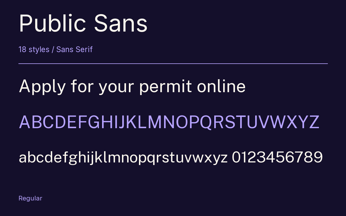 Public Sans type specimen with letters and figures