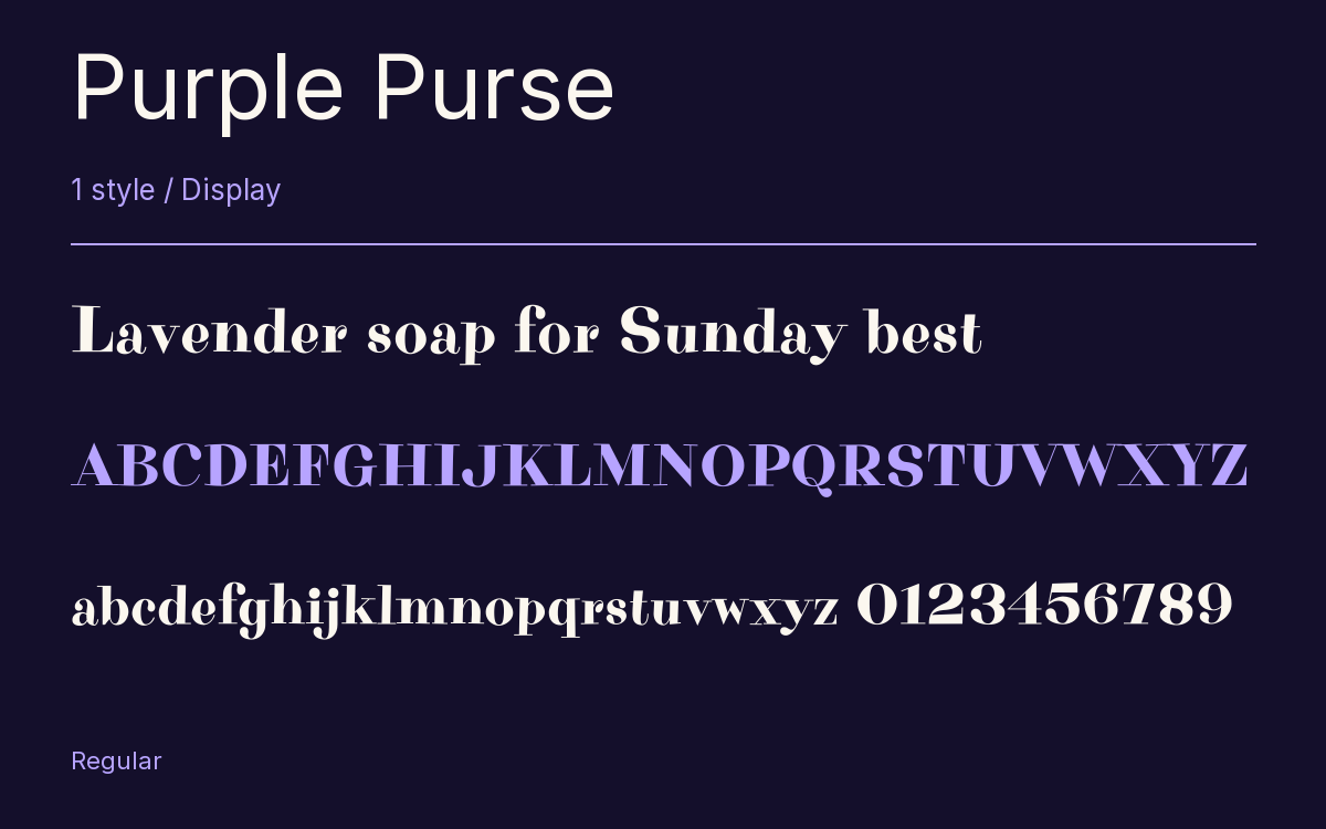 Purple Purse type specimen with letters and figures