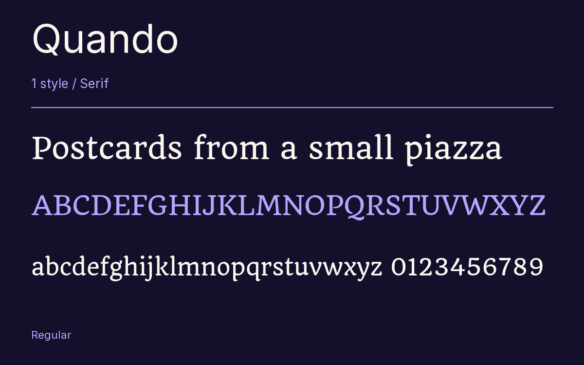Quando type specimen with letters and figures