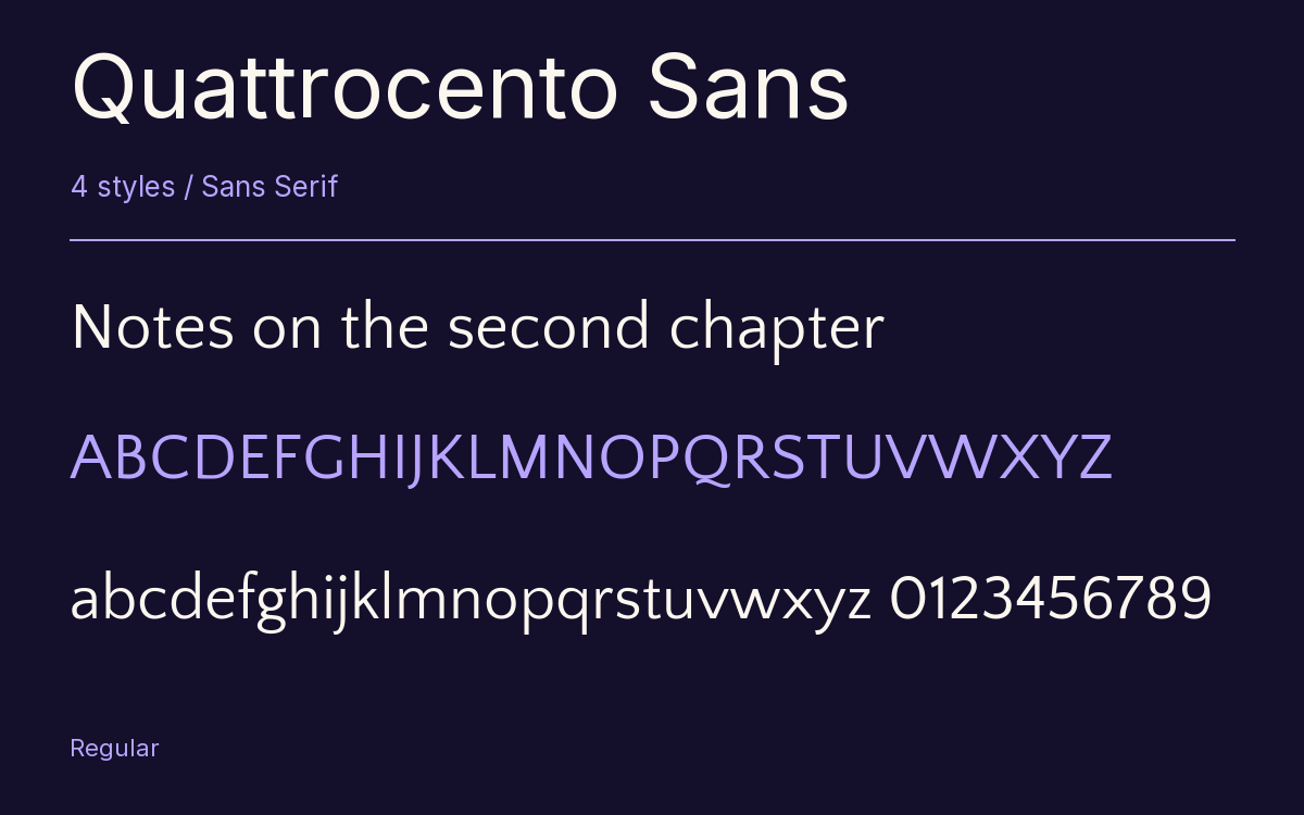 Quattrocento Sans type specimen with letters and figures