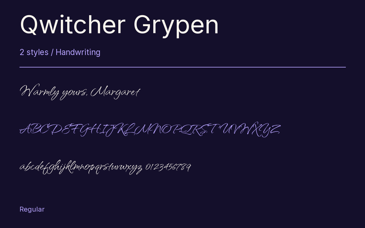 Qwitcher Grypen type specimen with letters and figures