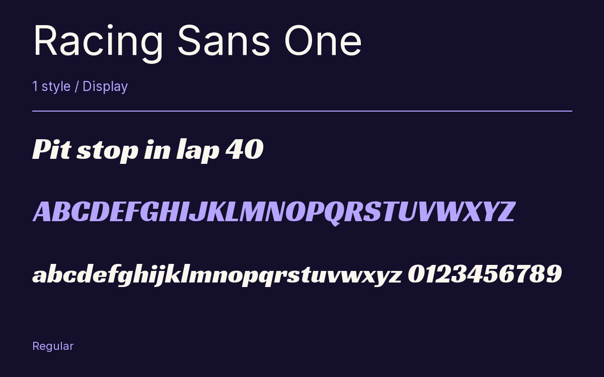 Racing Sans One type specimen with letters and figures