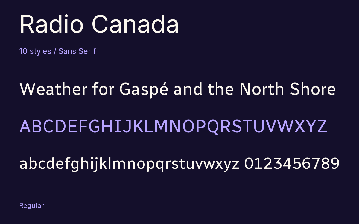 Radio Canada type specimen with letters and figures