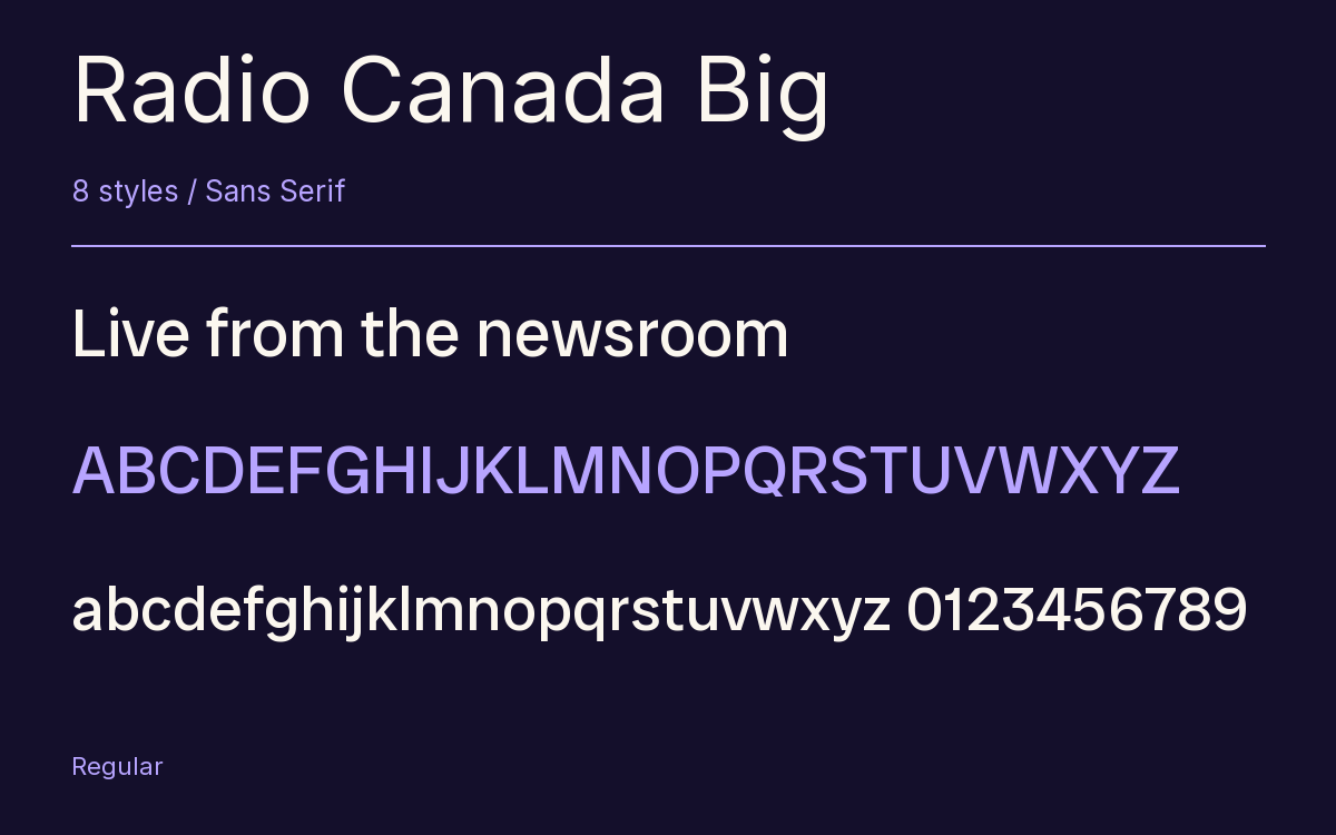 Radio Canada Big type specimen with letters and figures