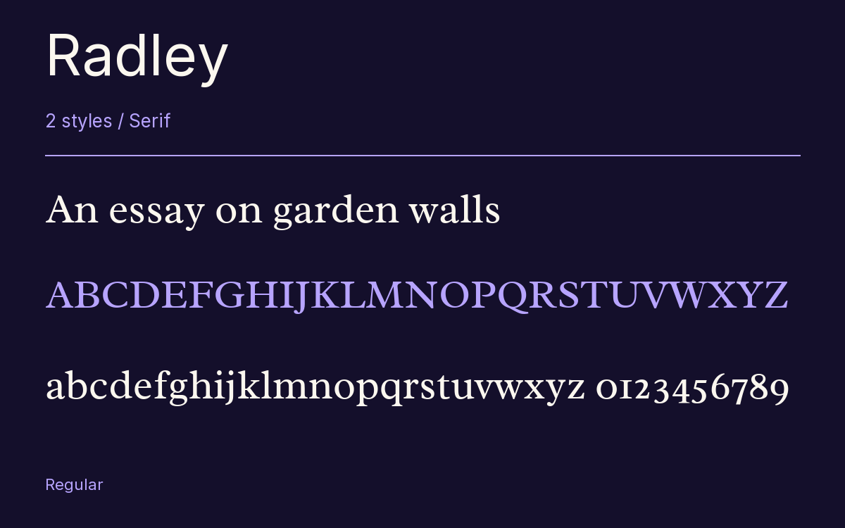 Radley type specimen with letters and figures