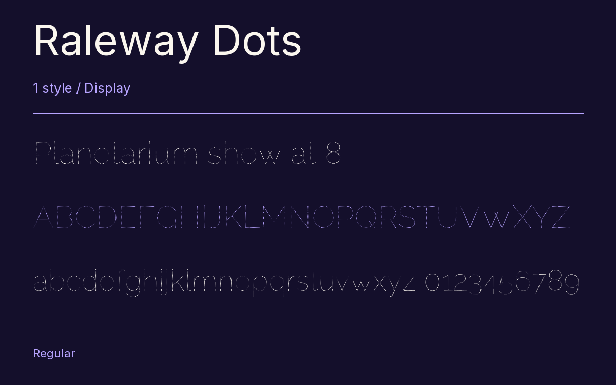 Raleway Dots type specimen with letters and figures
