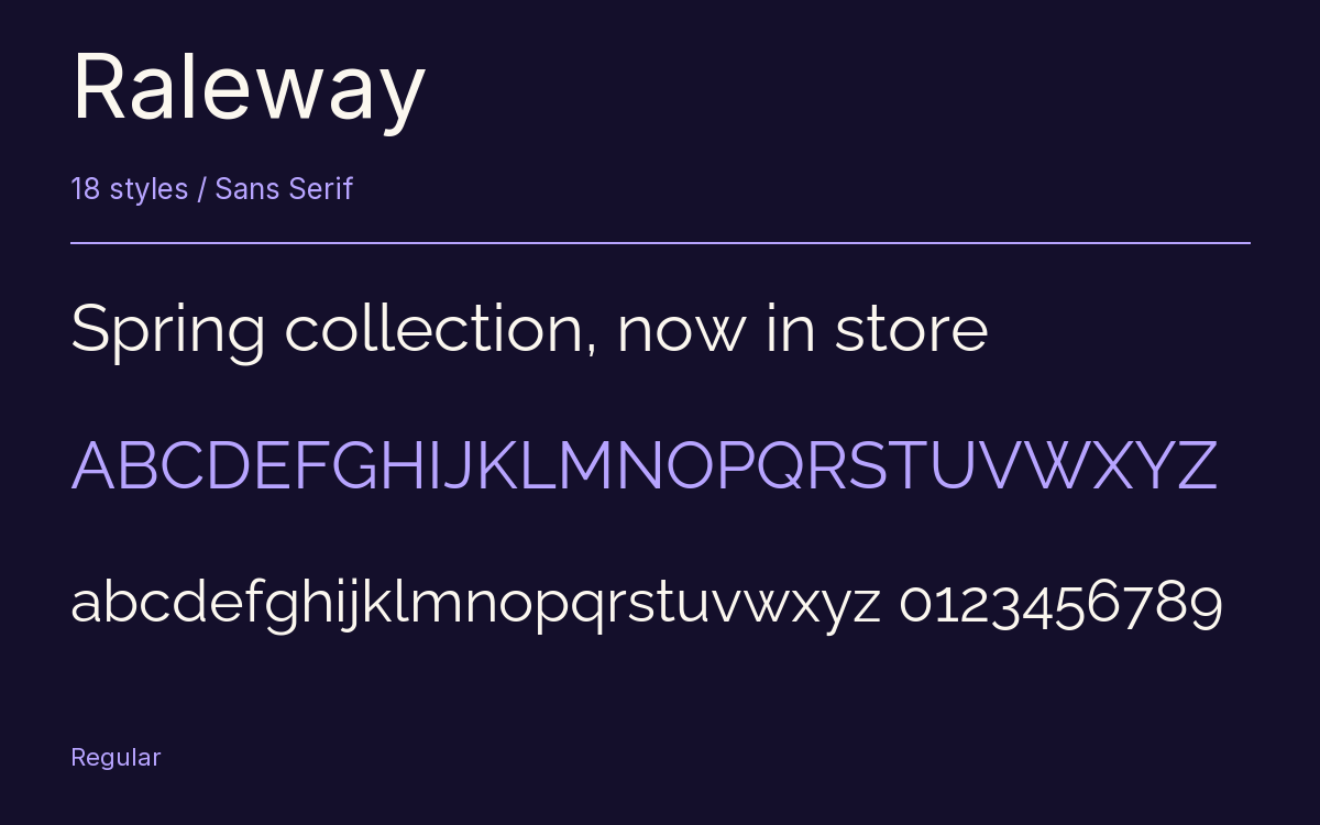 Raleway type specimen with letters and figures