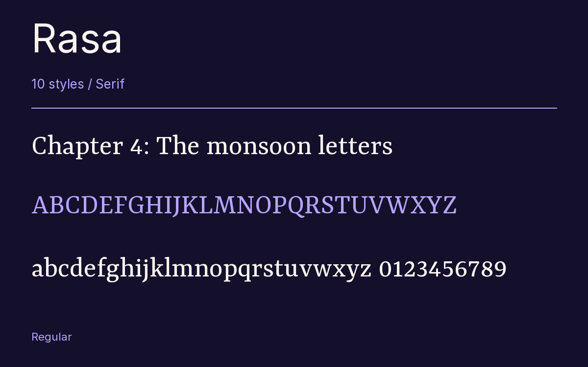 Rasa type specimen with letters and figures