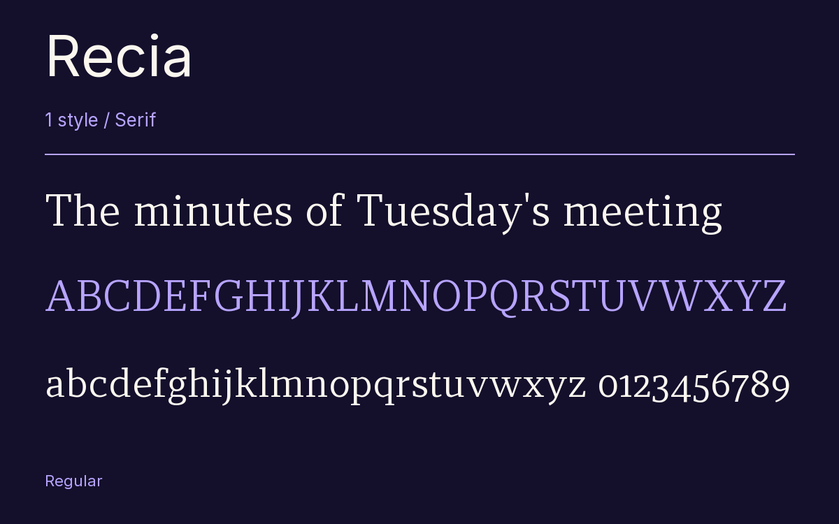 Recia type specimen with letters and figures