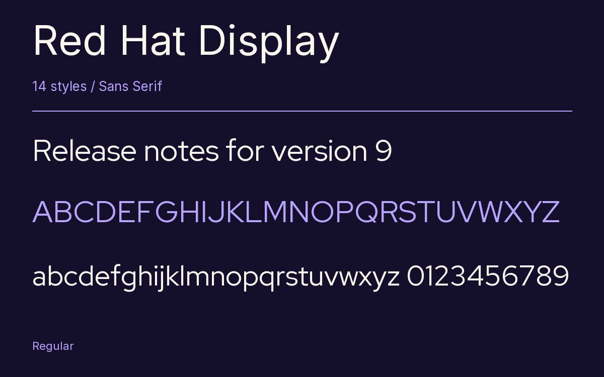 Red Hat Display type specimen with letters and figures