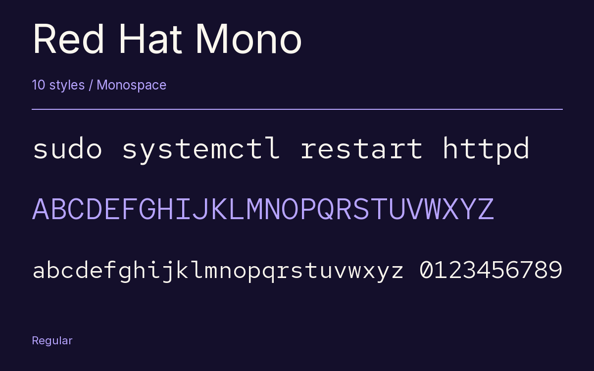 Red Hat Mono type specimen with letters and figures