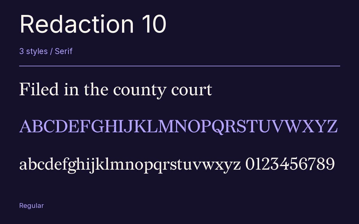 Redaction 10 type specimen with letters and figures