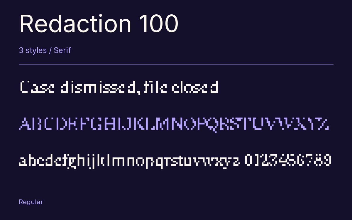 Redaction 100 type specimen with letters and figures