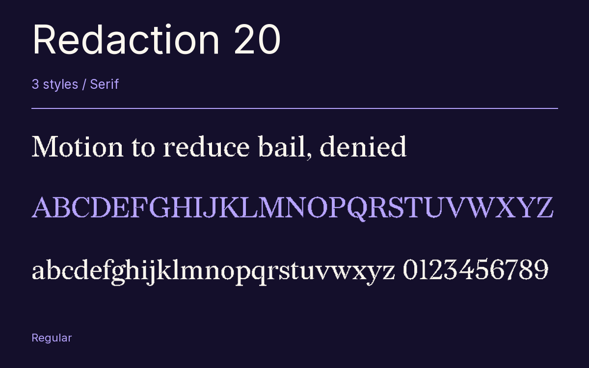 Redaction 20 type specimen with letters and figures