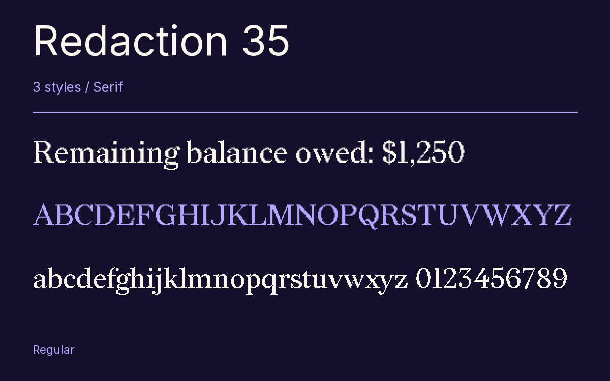Redaction 35 type specimen with letters and figures