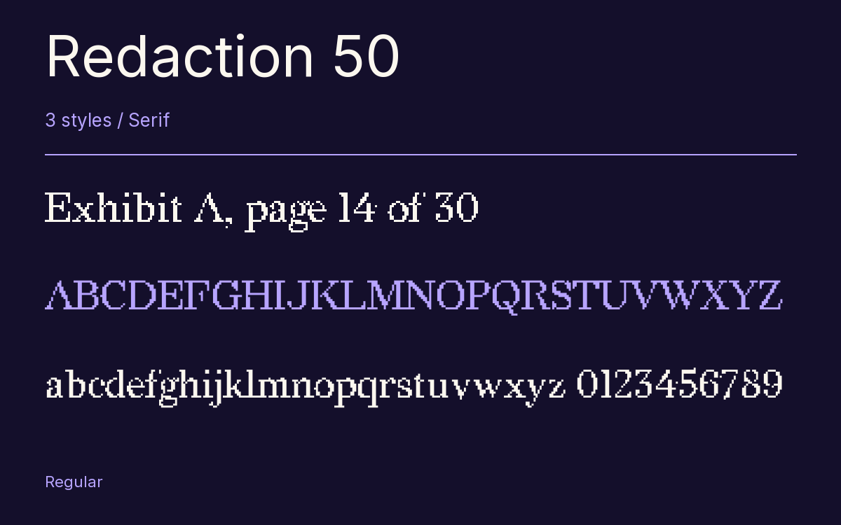 Redaction 50 type specimen with letters and figures