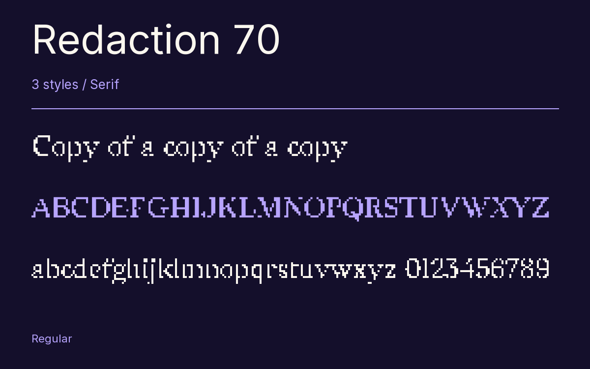 Redaction 70 type specimen with letters and figures