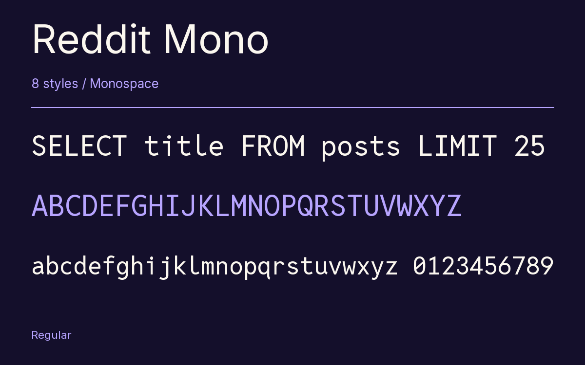Reddit Mono type specimen with letters and figures