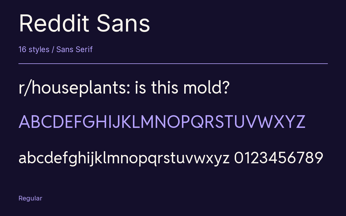 Reddit Sans type specimen with letters and figures