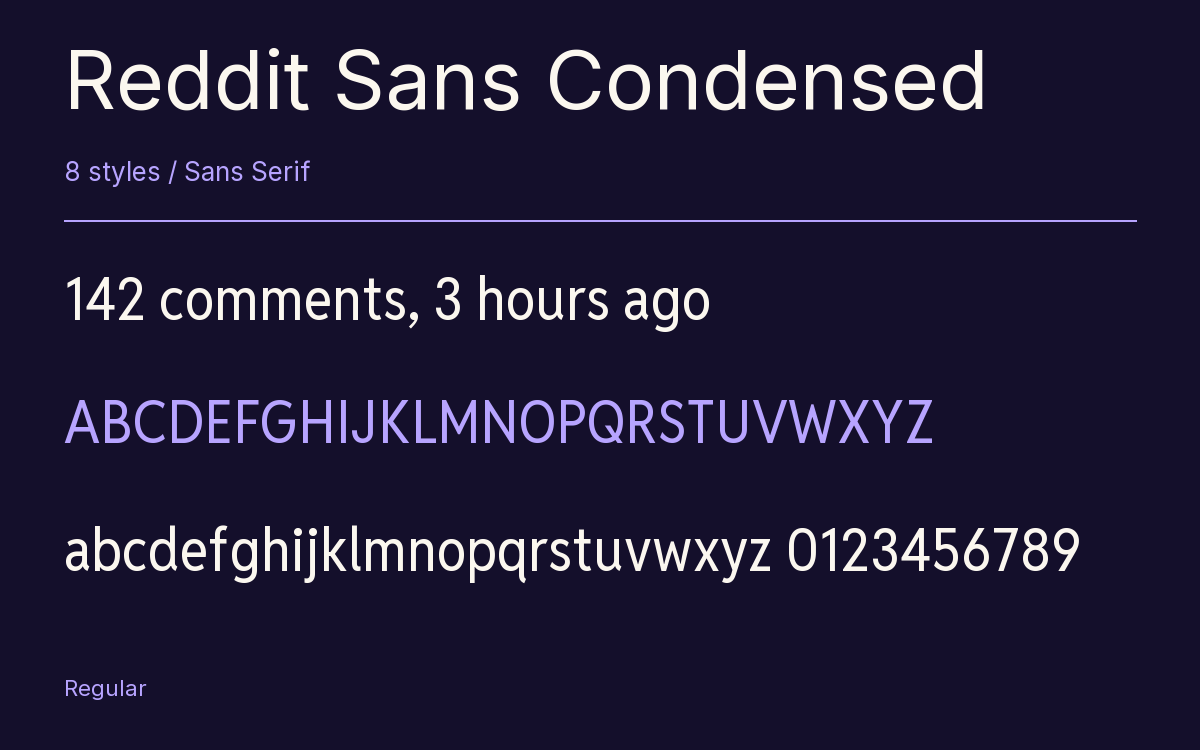 Reddit Sans Condensed type specimen with letters and figures