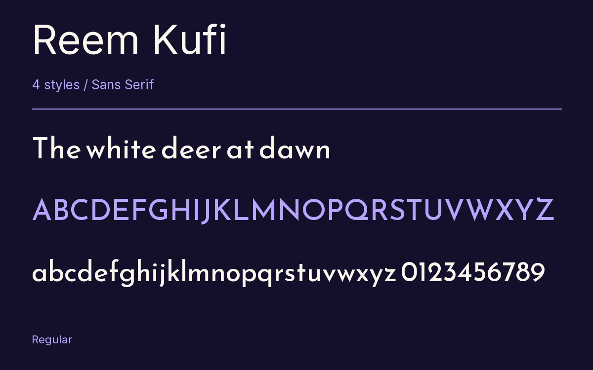 Reem Kufi type specimen with letters and figures