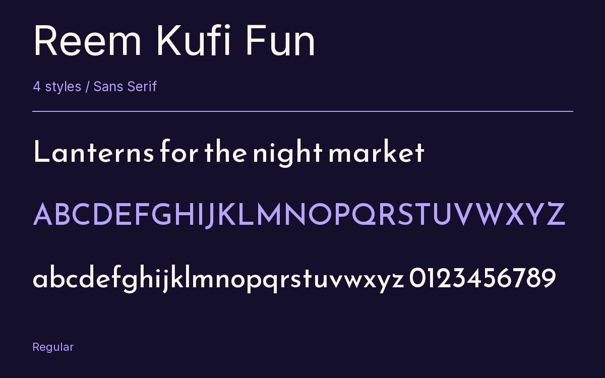 Reem Kufi Fun type specimen with letters and figures