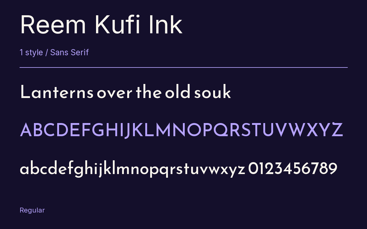 Reem Kufi Ink type specimen with letters and figures