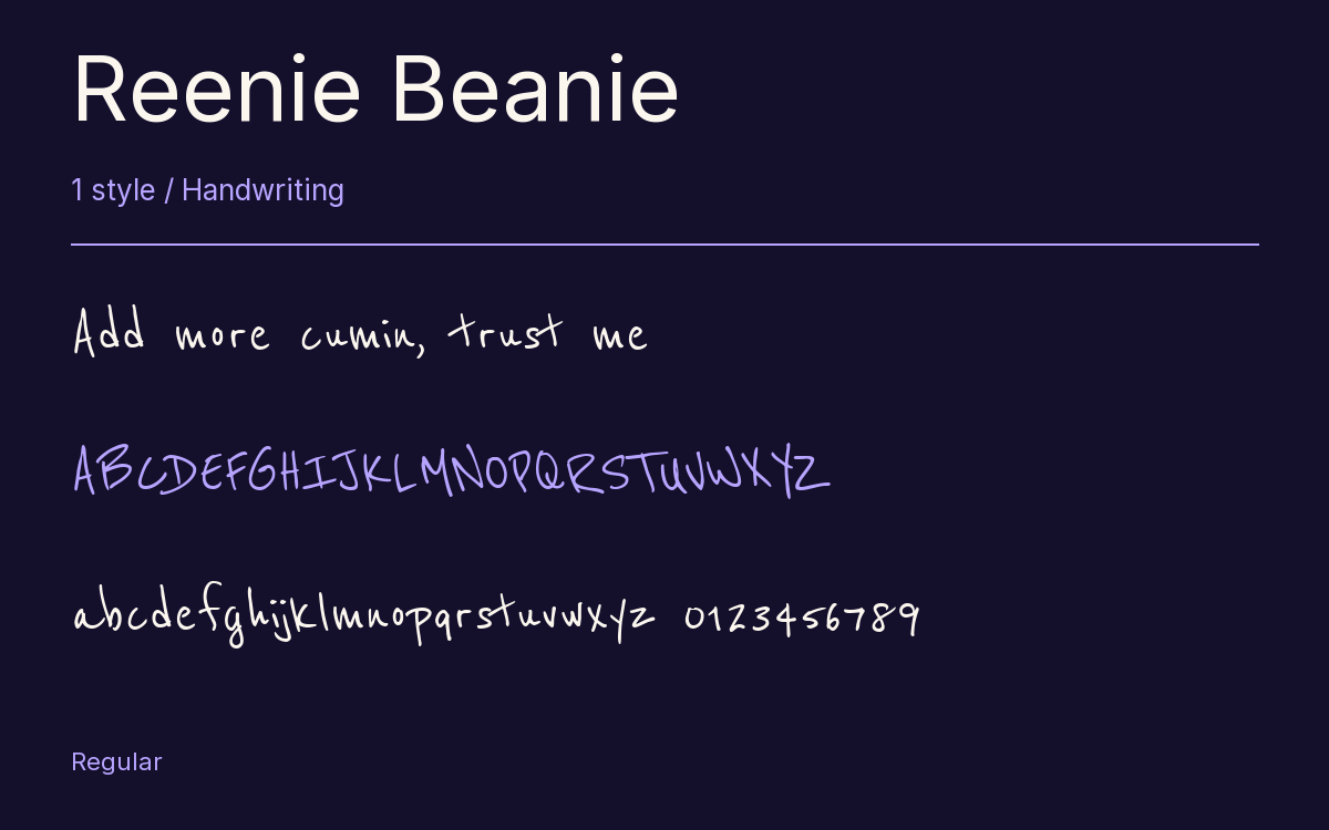 Reenie Beanie type specimen with letters and figures