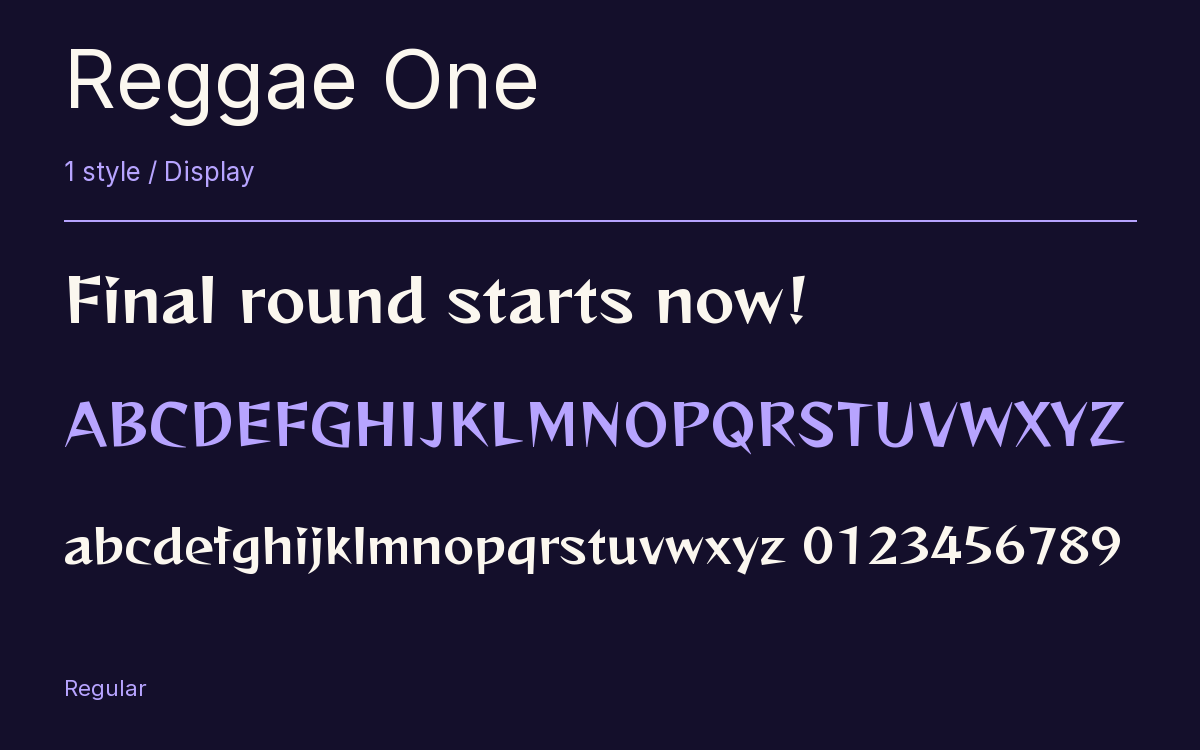 Reggae One type specimen with letters and figures
