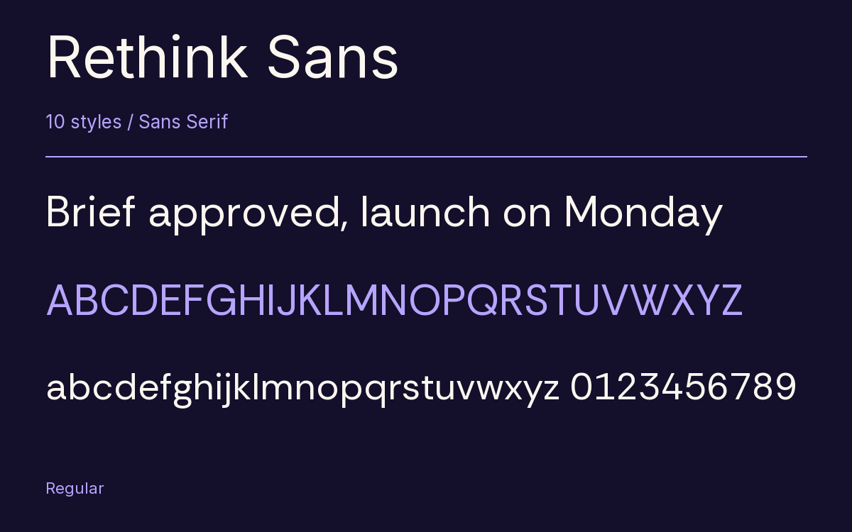 Rethink Sans type specimen with letters and figures