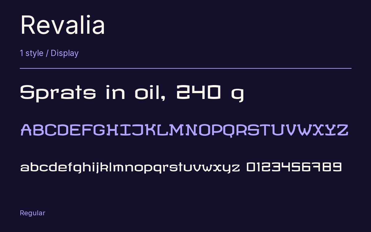 Revalia type specimen with letters and figures